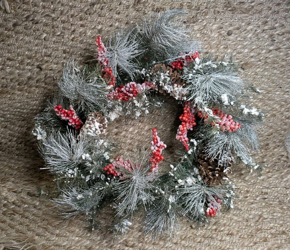 26" Snow Flocked Pine Wreath /Pine Cones Red Berries Christmas Holiday Winter